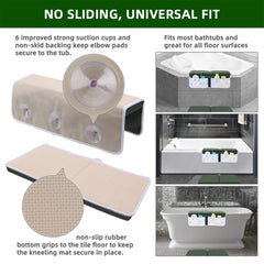 Elbow rest pockets outer-inner view demonstrates organized storage during bath sessions.
