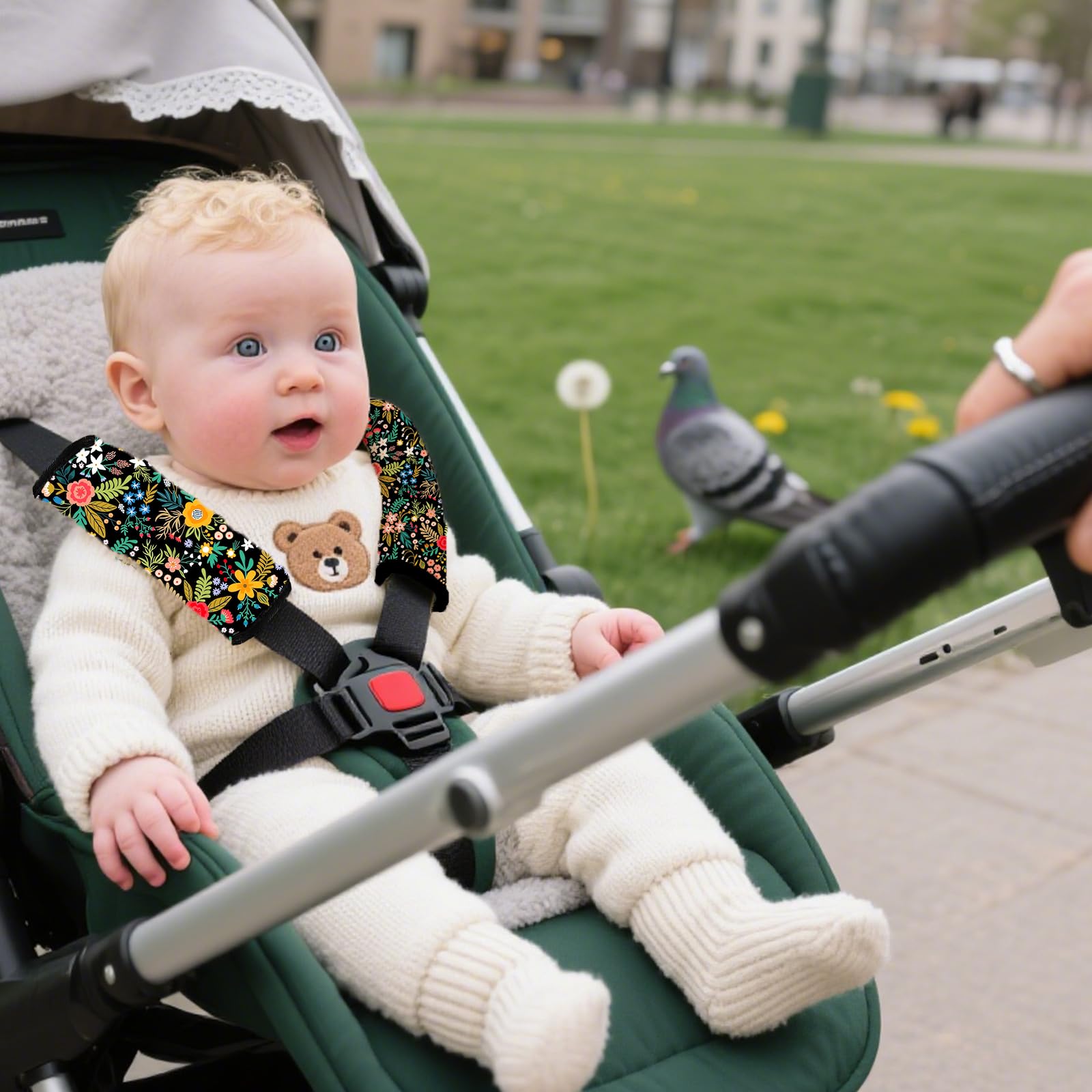 Yangbliss strap pad installed on stroller demonstrates easy setup for travel.