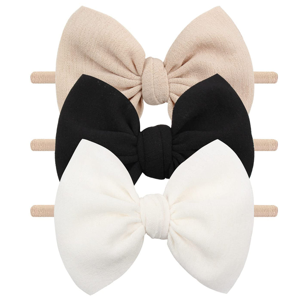 YanJie 3pc soft headbands in black, white, beige with bows for versatile baby outfits.