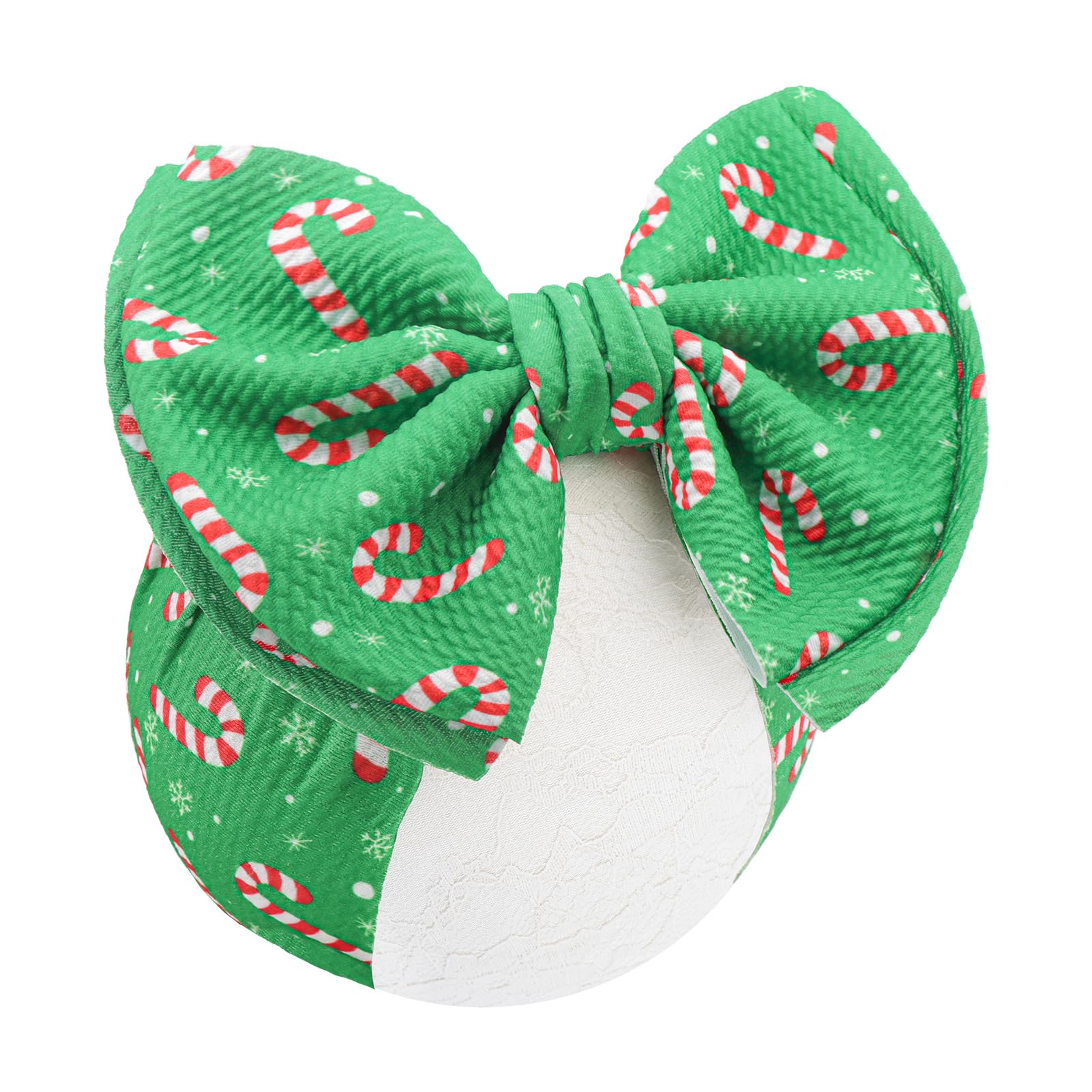 YanJie candy cane headband, 7-inch green bow, soft waffle fabric for gentle comfort at holiday events.