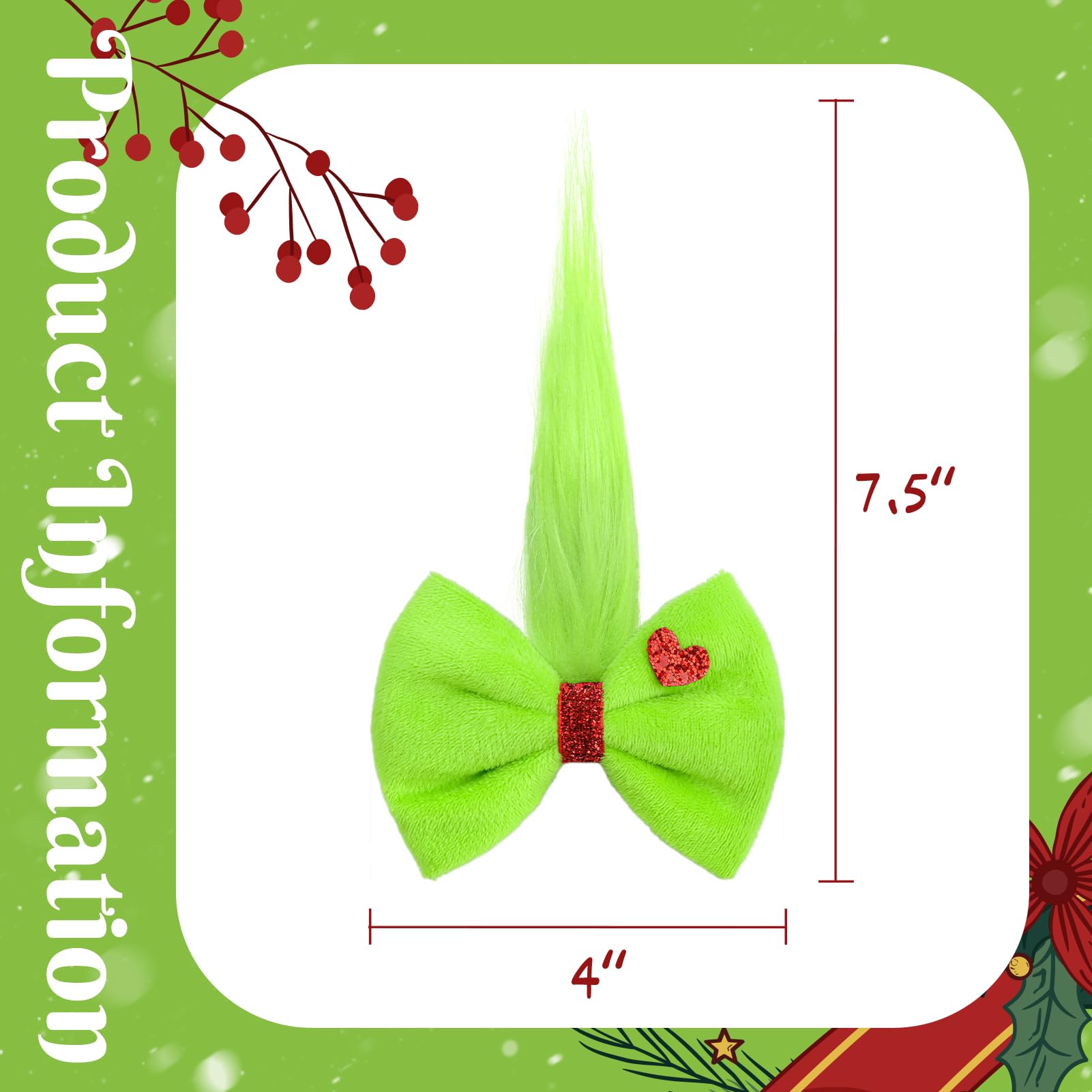 Yanjie four-inch green fuzzy Christmas bow clip adds playful sparkle