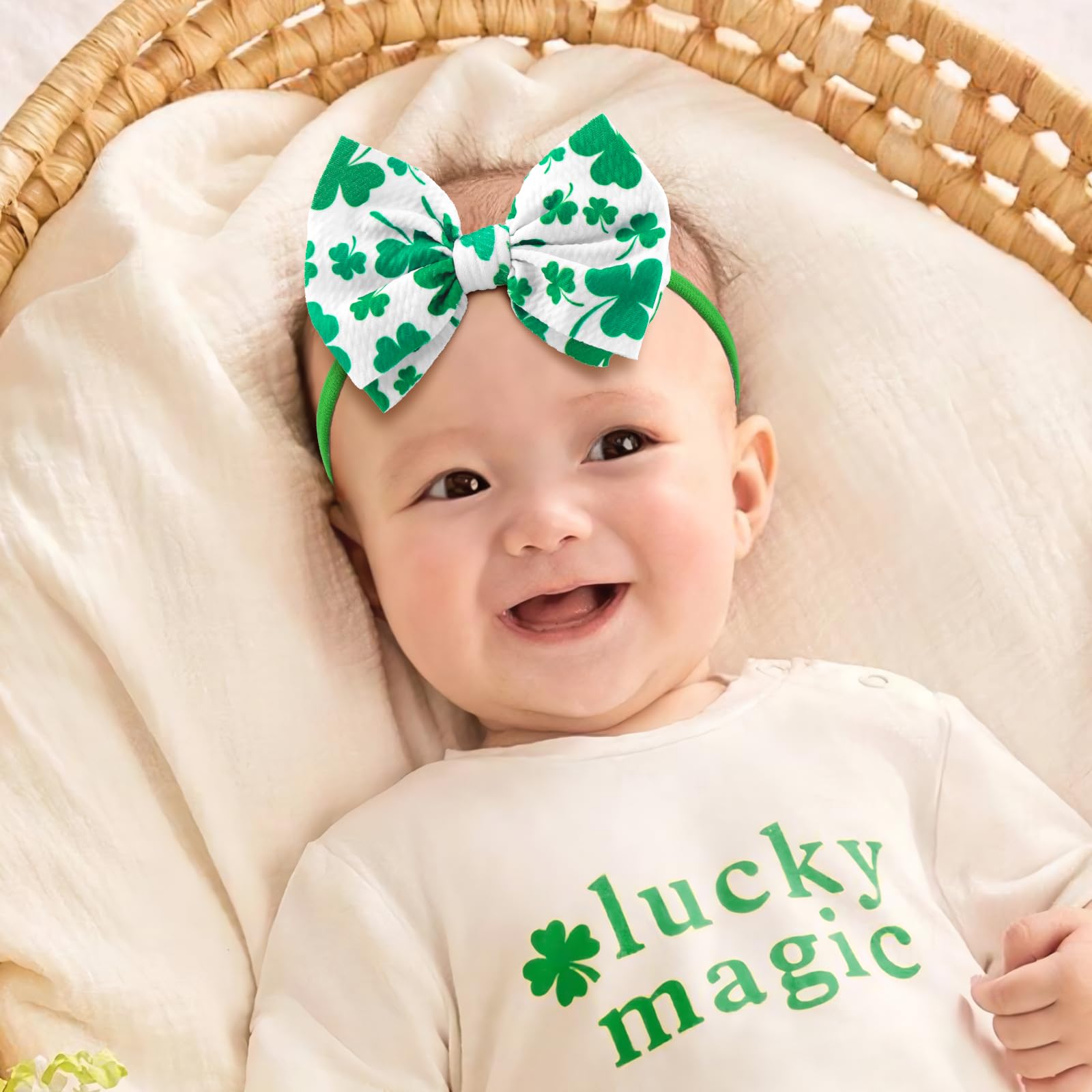 YanJie green infant headband with soft nylon band for comfort.