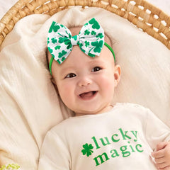 YanJie green infant headband with soft nylon band for comfort.