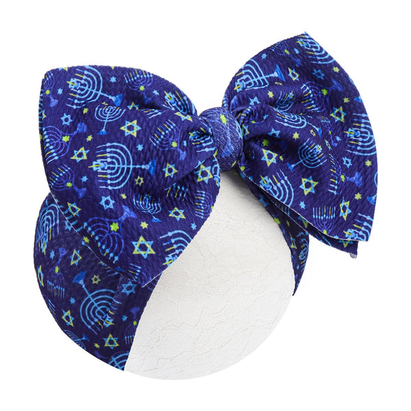 YanJie Hanukkah baby bow in dark blue, festive hair accessory for photos and parties.