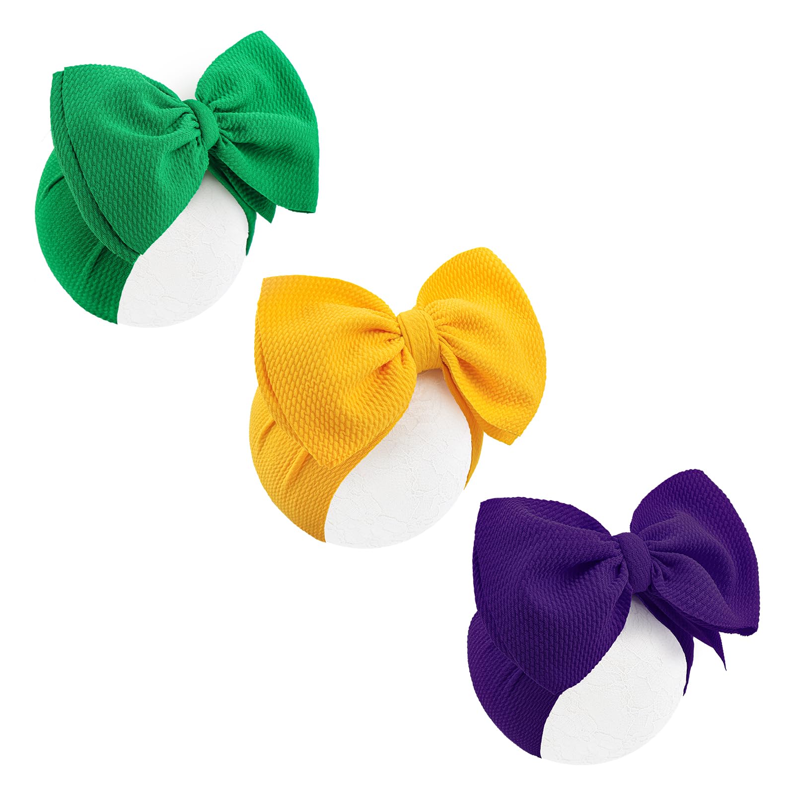 YanJie Mardi Gras headband in green with bow, gentle on delicate baby skin.
