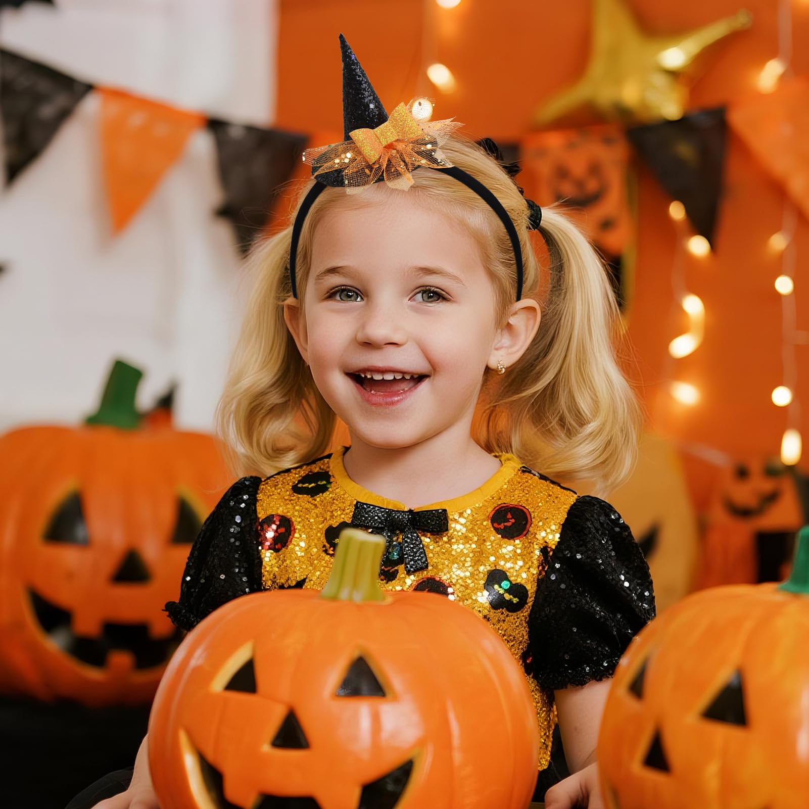 YanJie witch hat headband highlights orange glitter bow to elevate baby outfits.