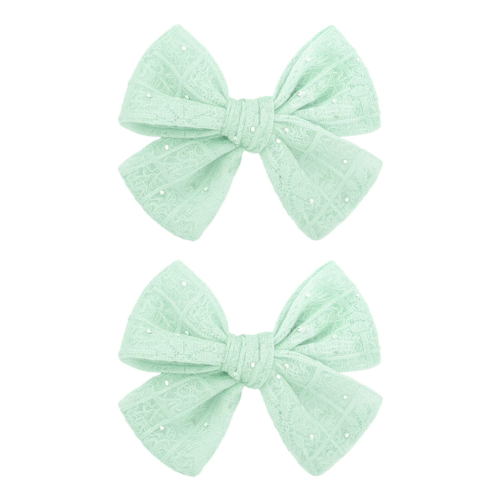 YanJie mint green lace bow clip front view with rhinestones for everyday charm