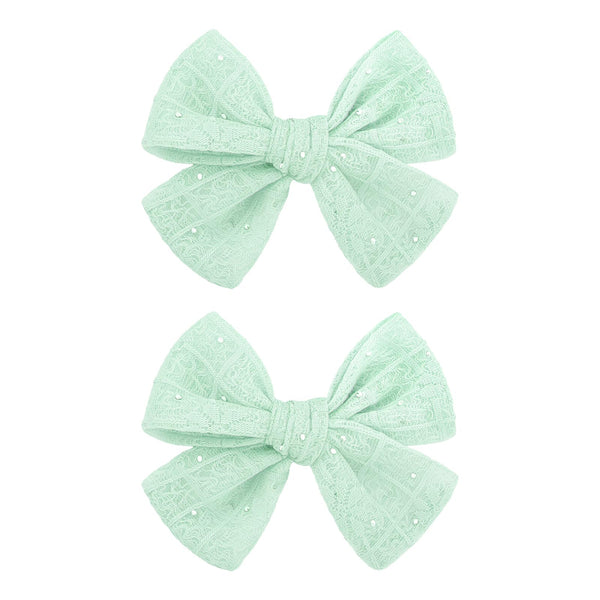 YanJie mint green lace bow clip front view with rhinestones for everyday charm