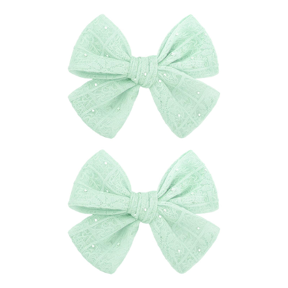 YanJie mint green lace bow clip front view with rhinestones for everyday charm