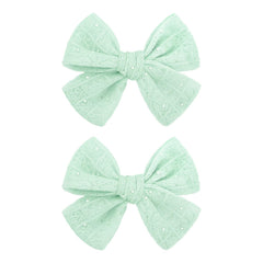 YanJie mint green lace bow clip front view with rhinestones for everyday charm