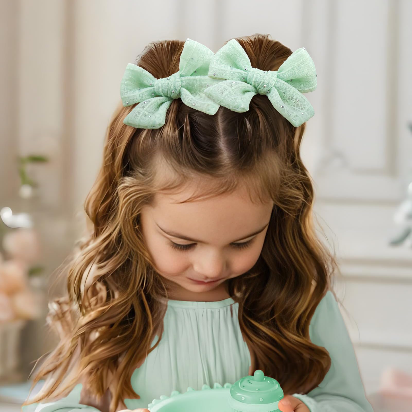 YanJie mint green lace bow clip close detail of rhinestones