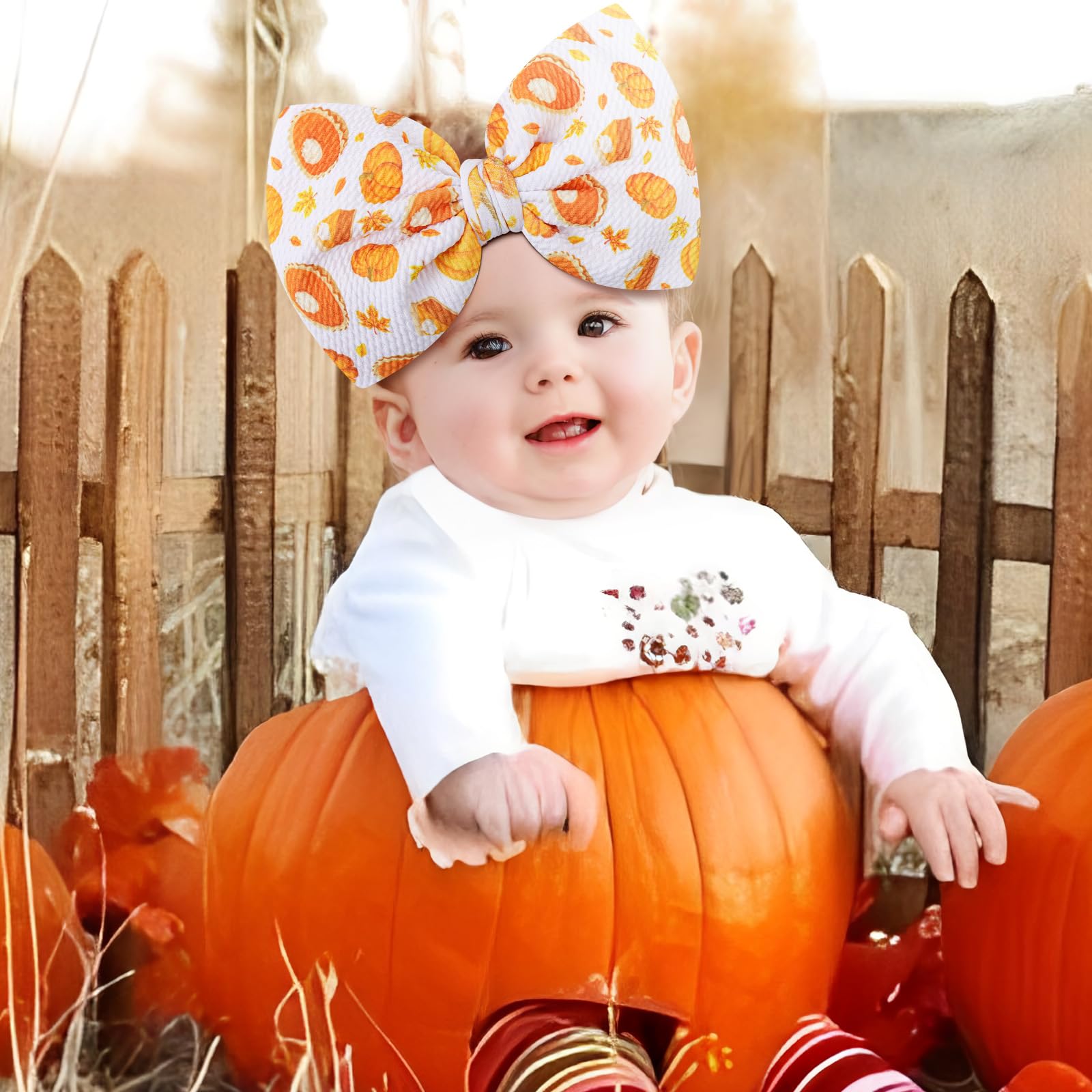 YanJie pumpkin print headband adds seasonal charm to baby outfits.