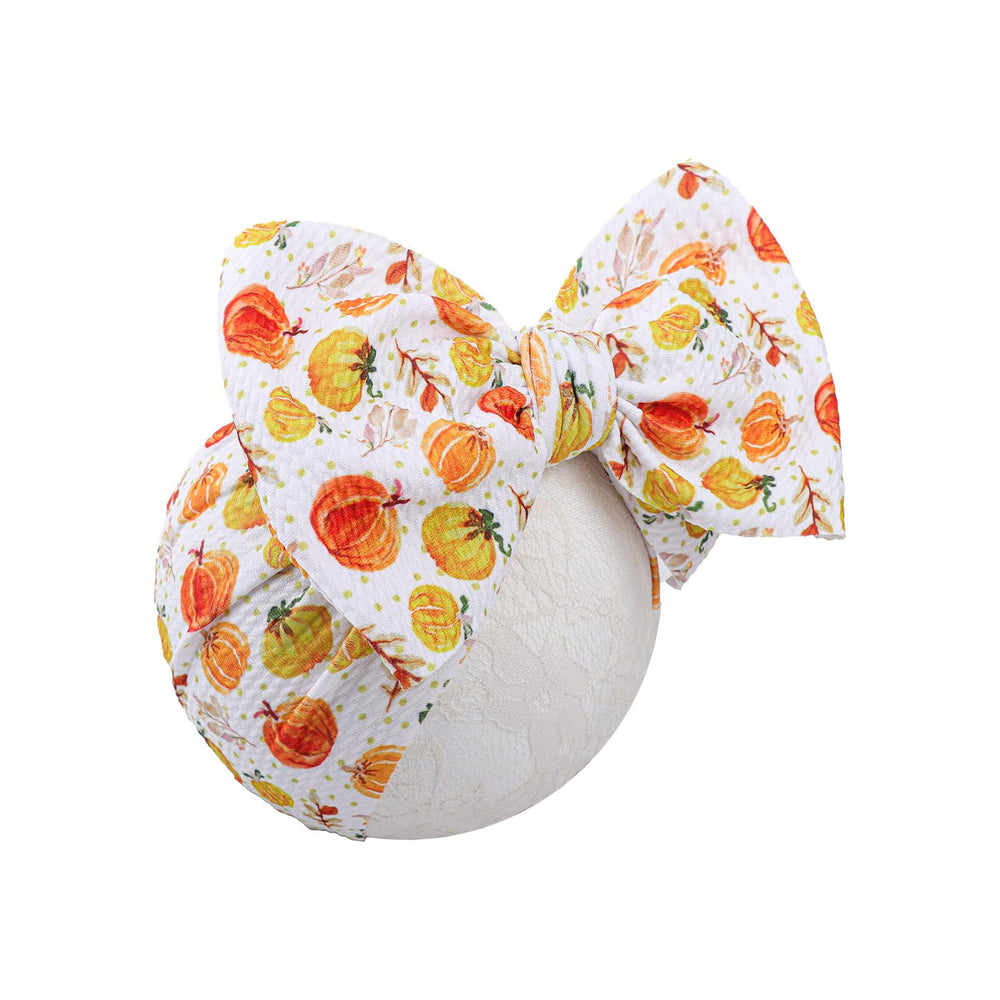 YanJie pumpkin printed headband with wide bow; soft fabric for newborns