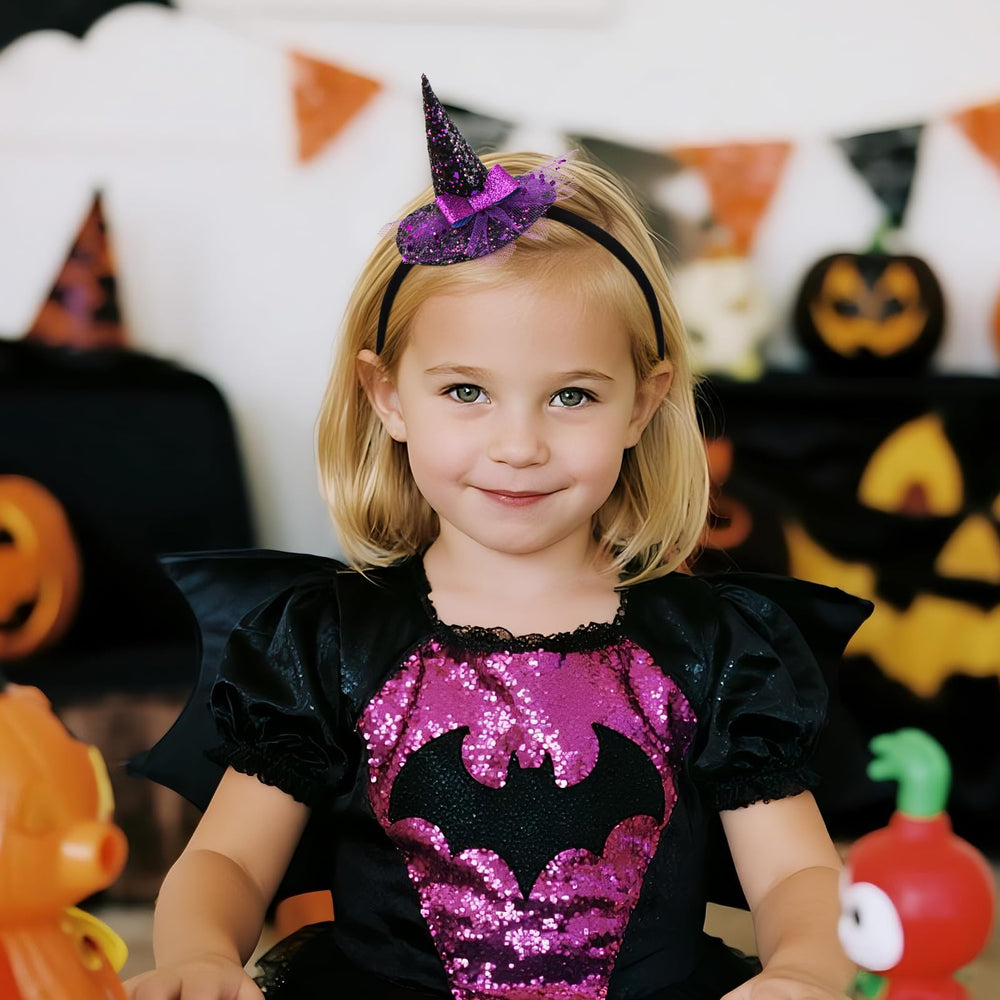 YanJie purple bow witch hat headband for cute Halloween outfits.
