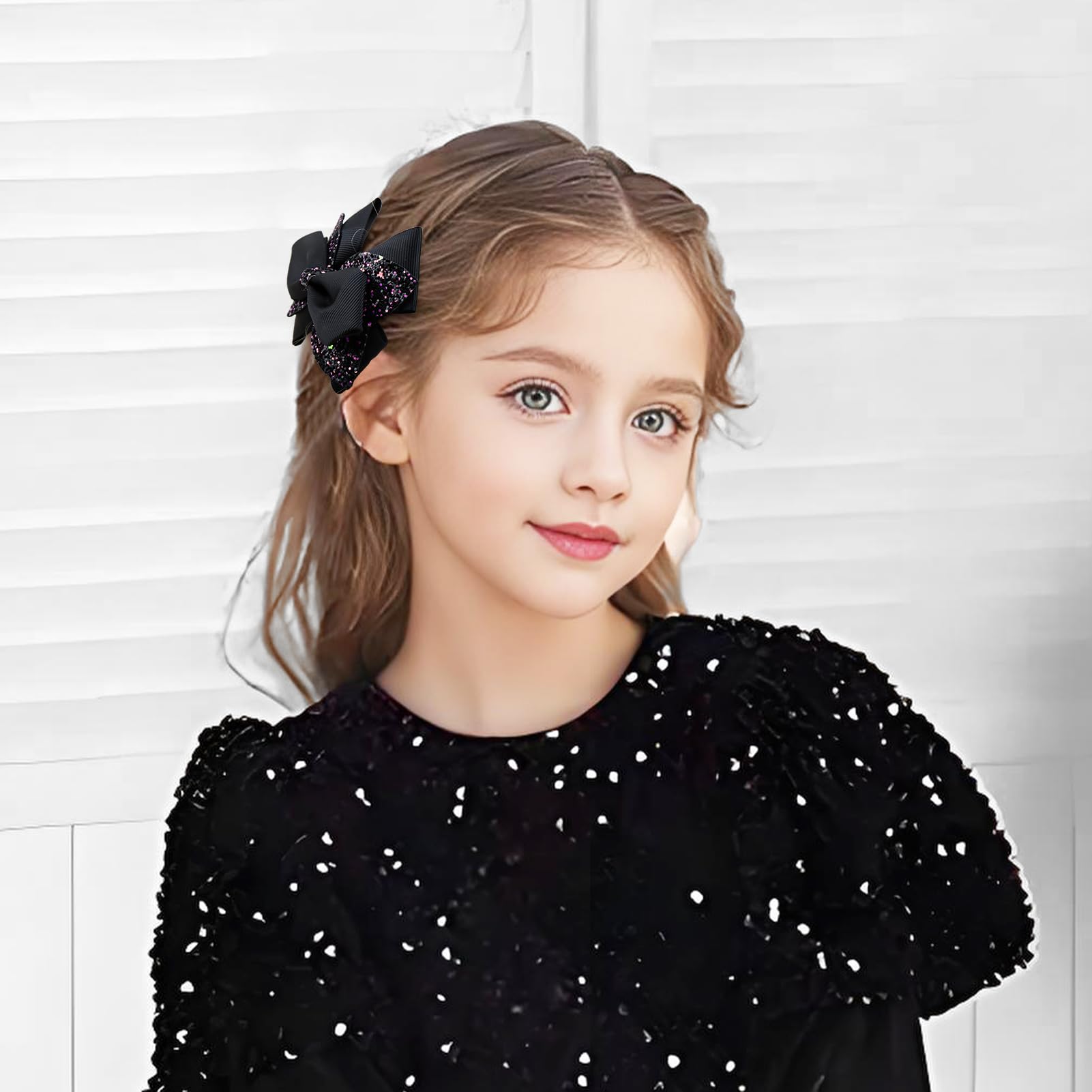 YanJie purple glitter bow clip adding shimmer for Halloween looks