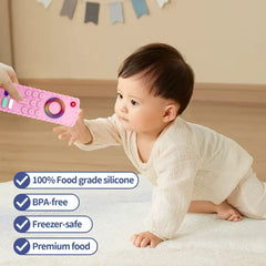 YAPPROMO remote-shaped teether soothing gums during feeding times.