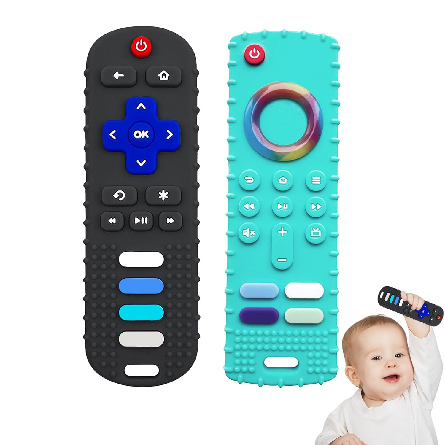 YAPPROMO remote teether silicone with colorful buttons for chewing relief.