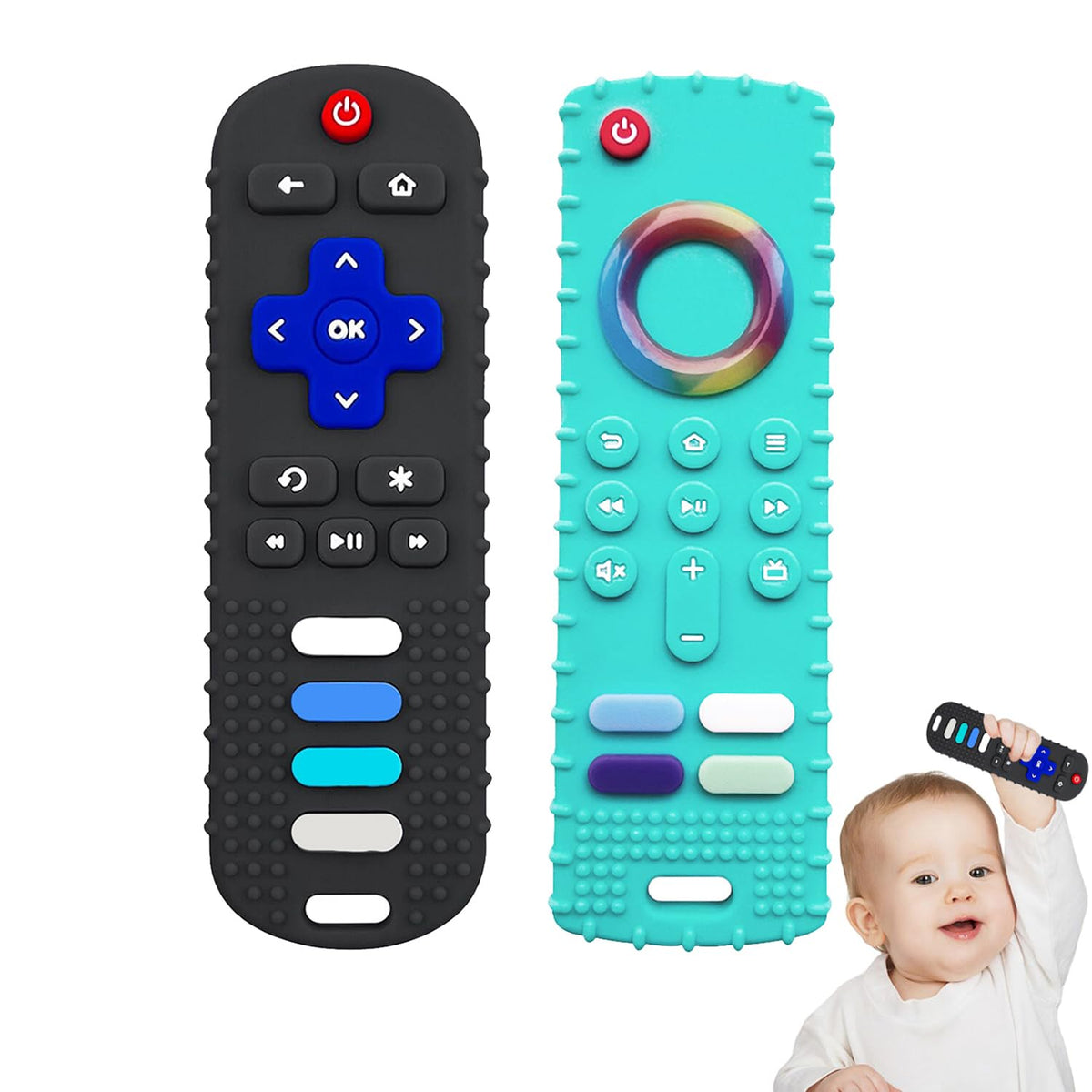 YAPPROMO remote teether silicone with colorful buttons for chewing relief.
