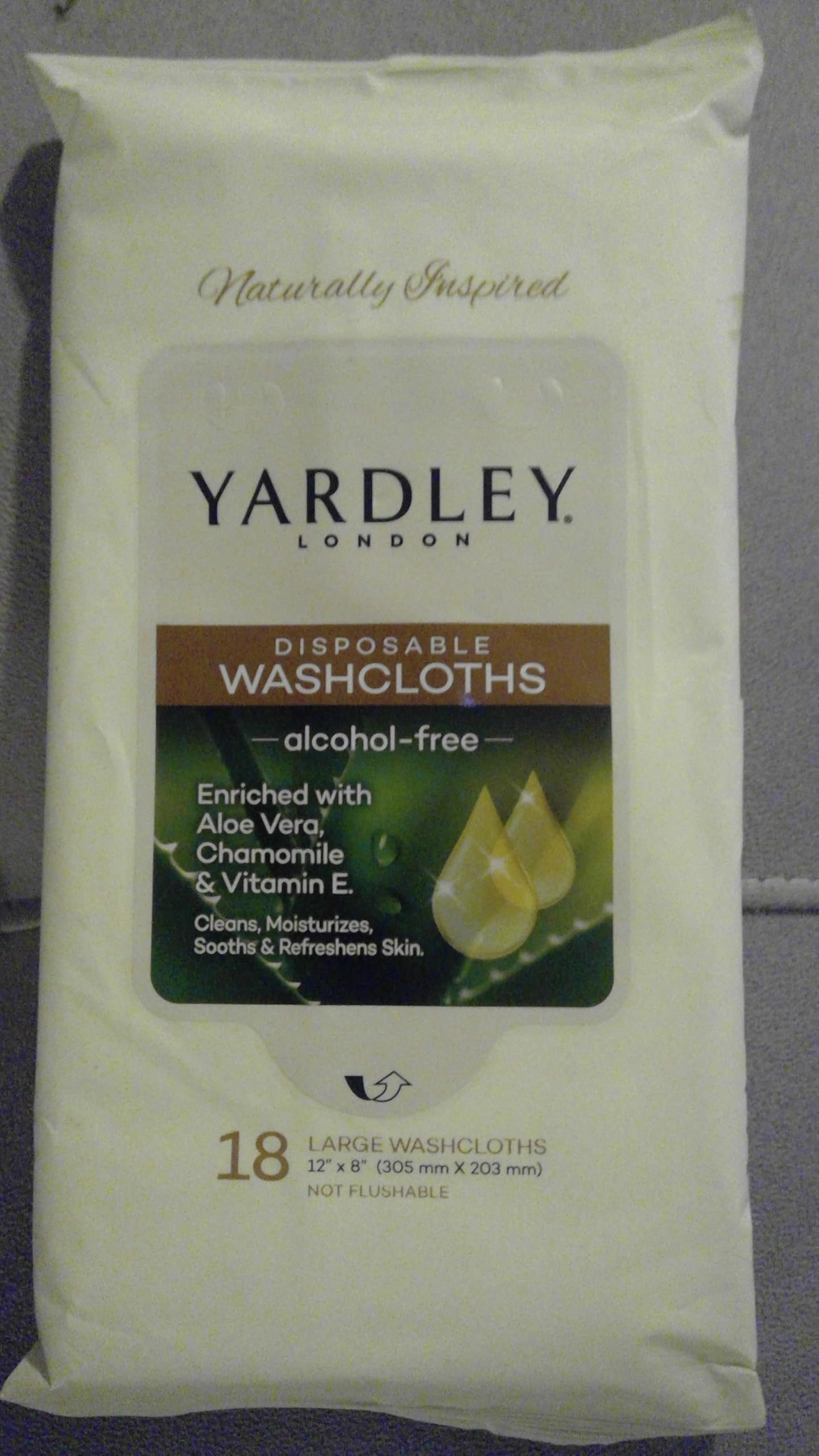 Yardley disposable washcloths 18-pack front view; resealable packaging for on-the-go use.