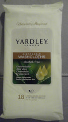 Yardley disposable washcloths 18-pack front view; resealable packaging for on-the-go use.