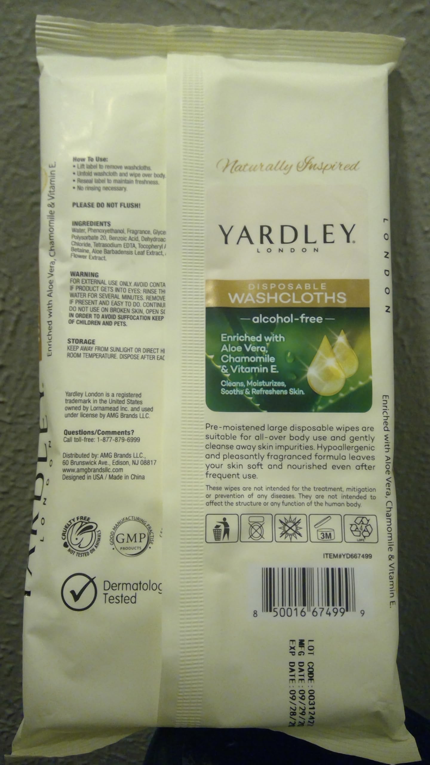 Yardley disposable washcloths resealable pack, close-up showing soft texture for quick refresh.