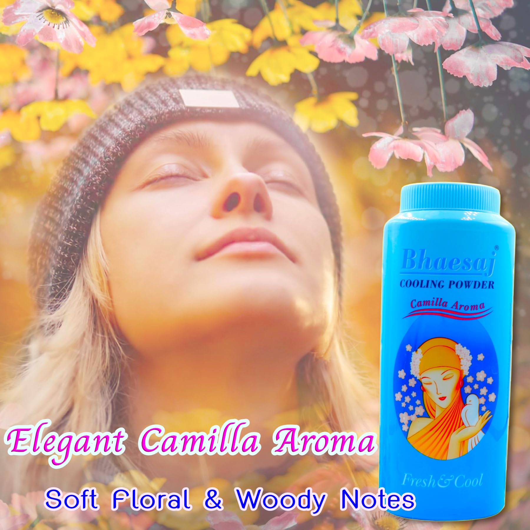 Close-up of Bhaesaj Camilla Aroma texture showing silky talc for smooth skin.