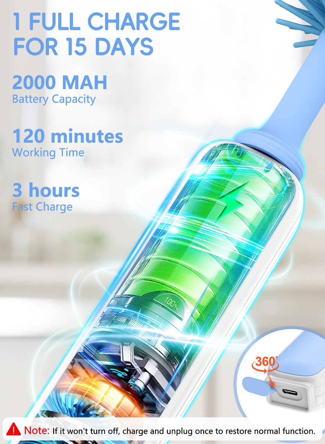 YASEW 2000mAh motor delivers consistent 360° cleaning power