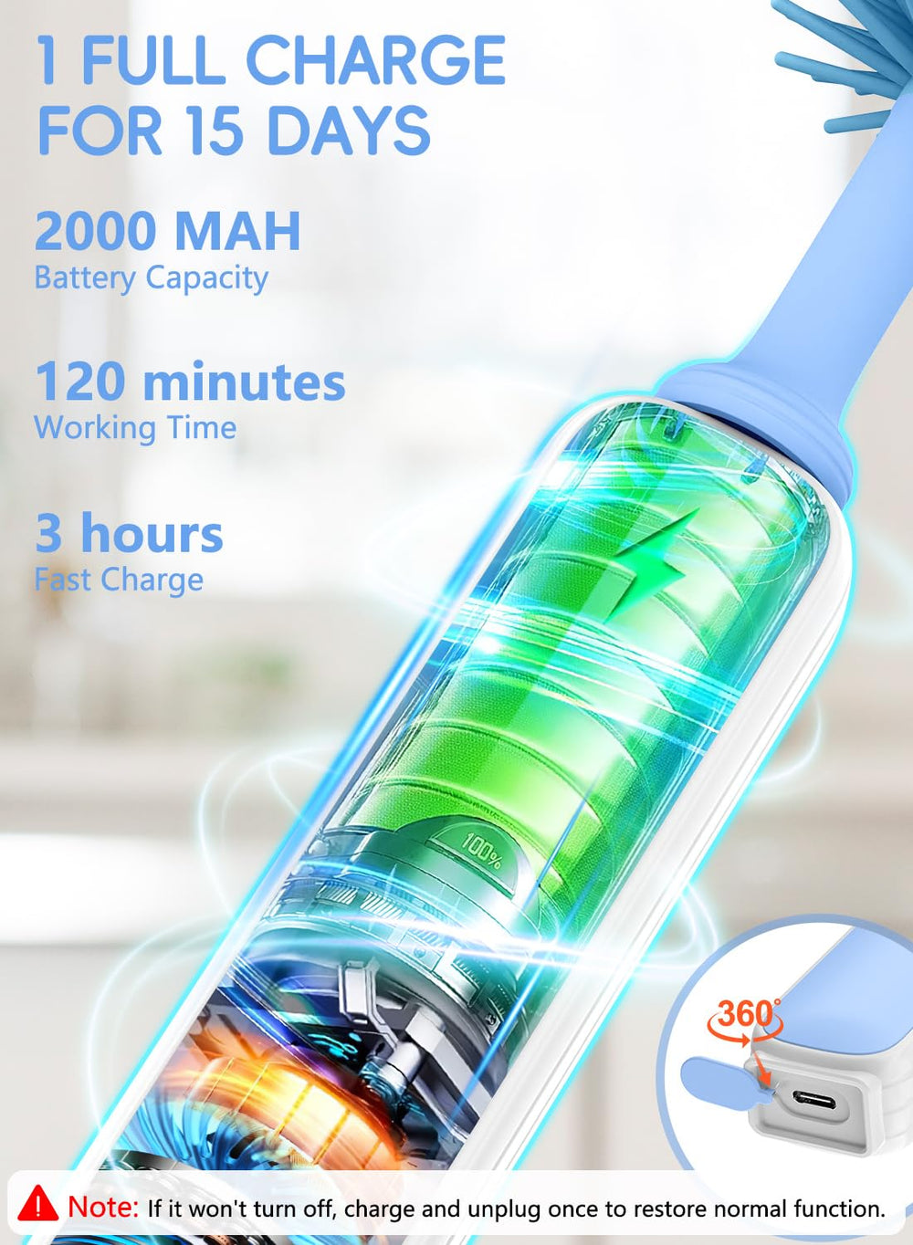 YASEW 2000mAh motor delivers consistent 360° cleaning power