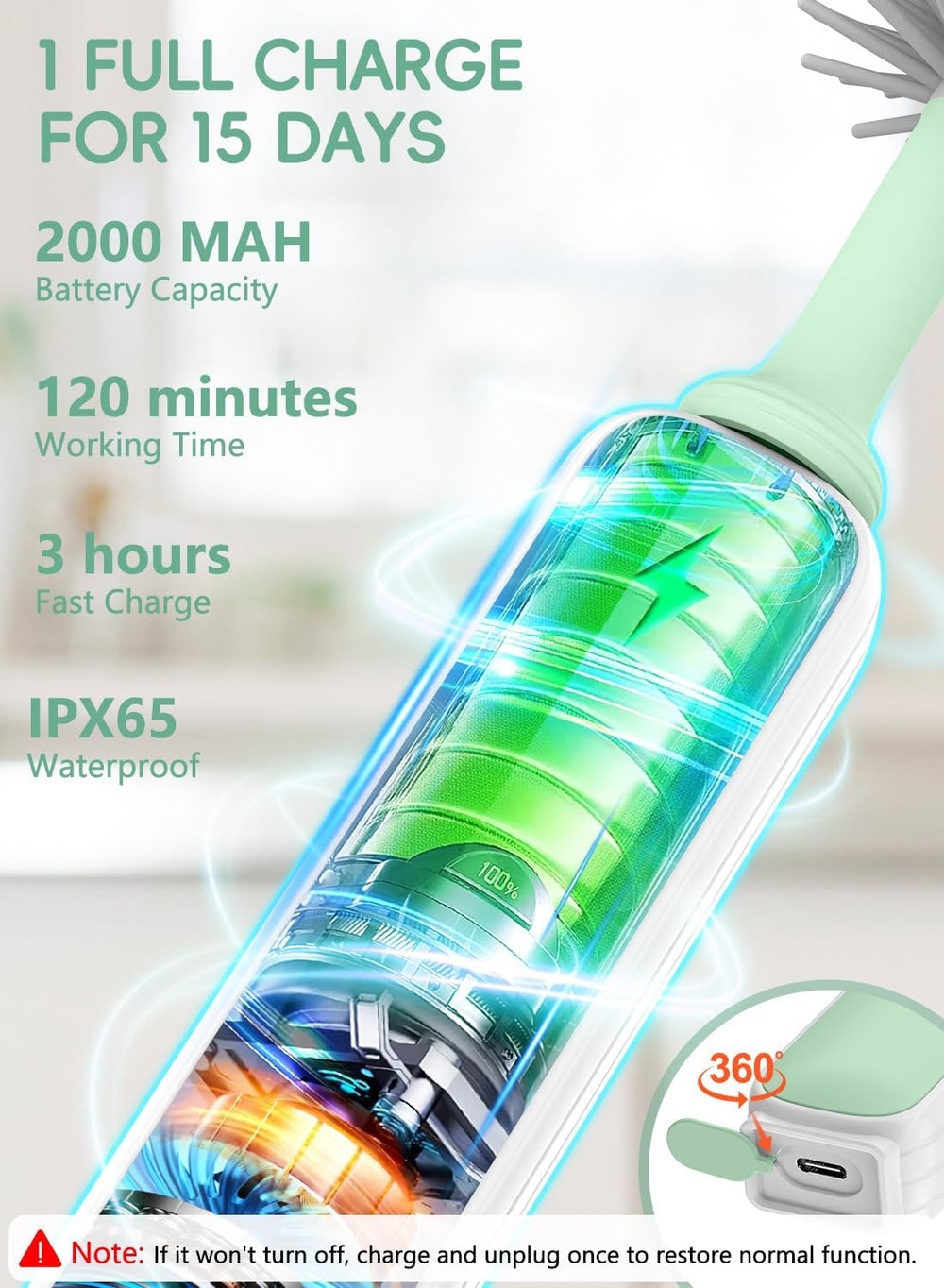 YASEW 2000mAh rechargeable motor powers consistent 360° cleaning