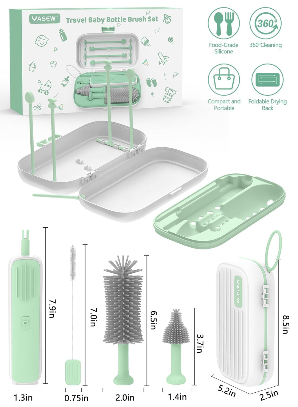 YASEW multifunctional cleaning set cleans bottles, nipples, and straws.