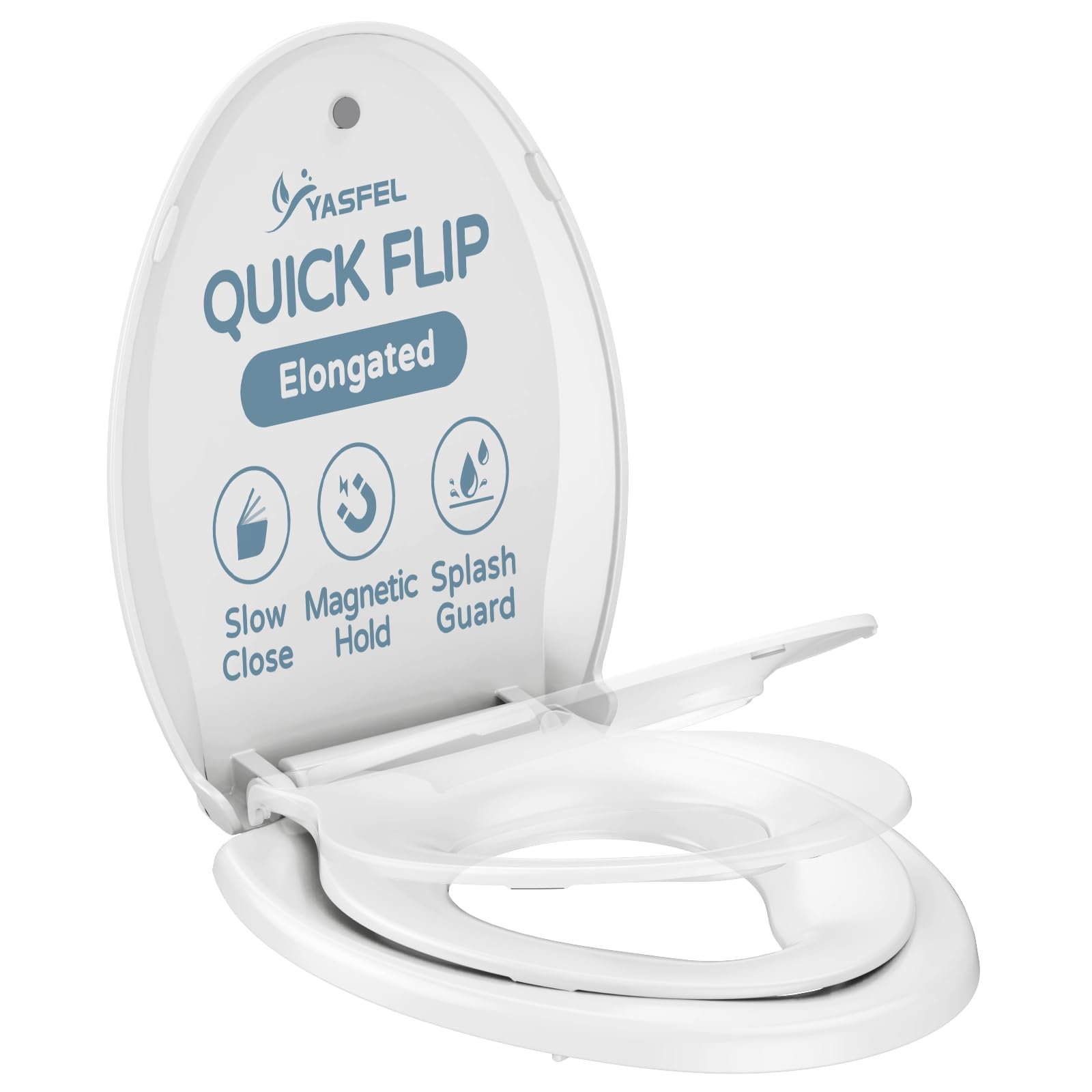 YASFEL 2-in-1 elongated toilet seat closeup with soft-close