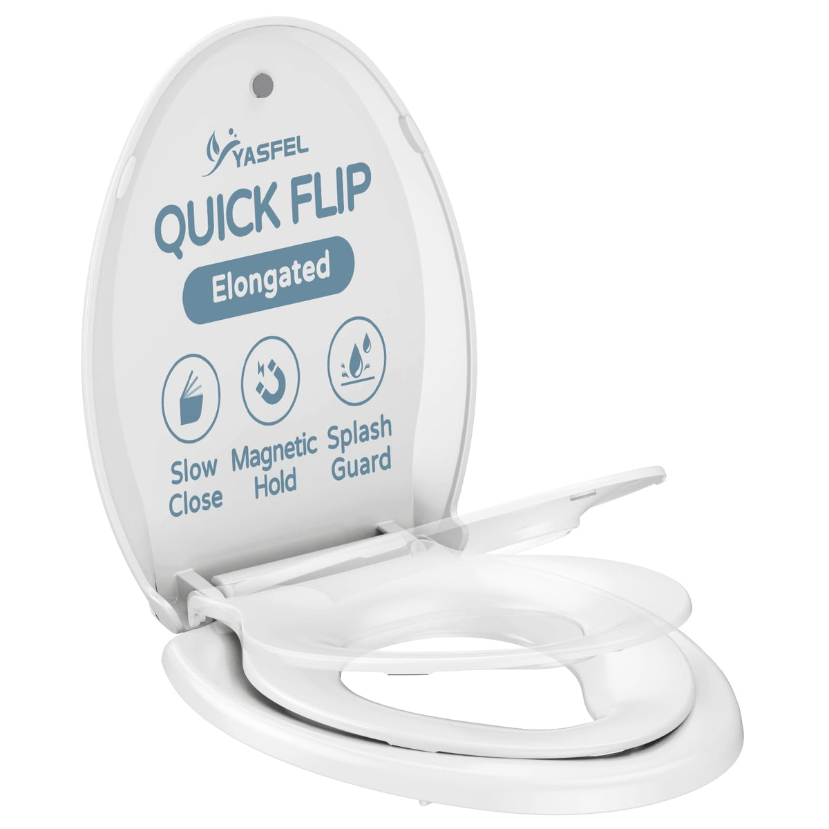 YASFEL 2-in-1 elongated toilet seat closeup with soft-close