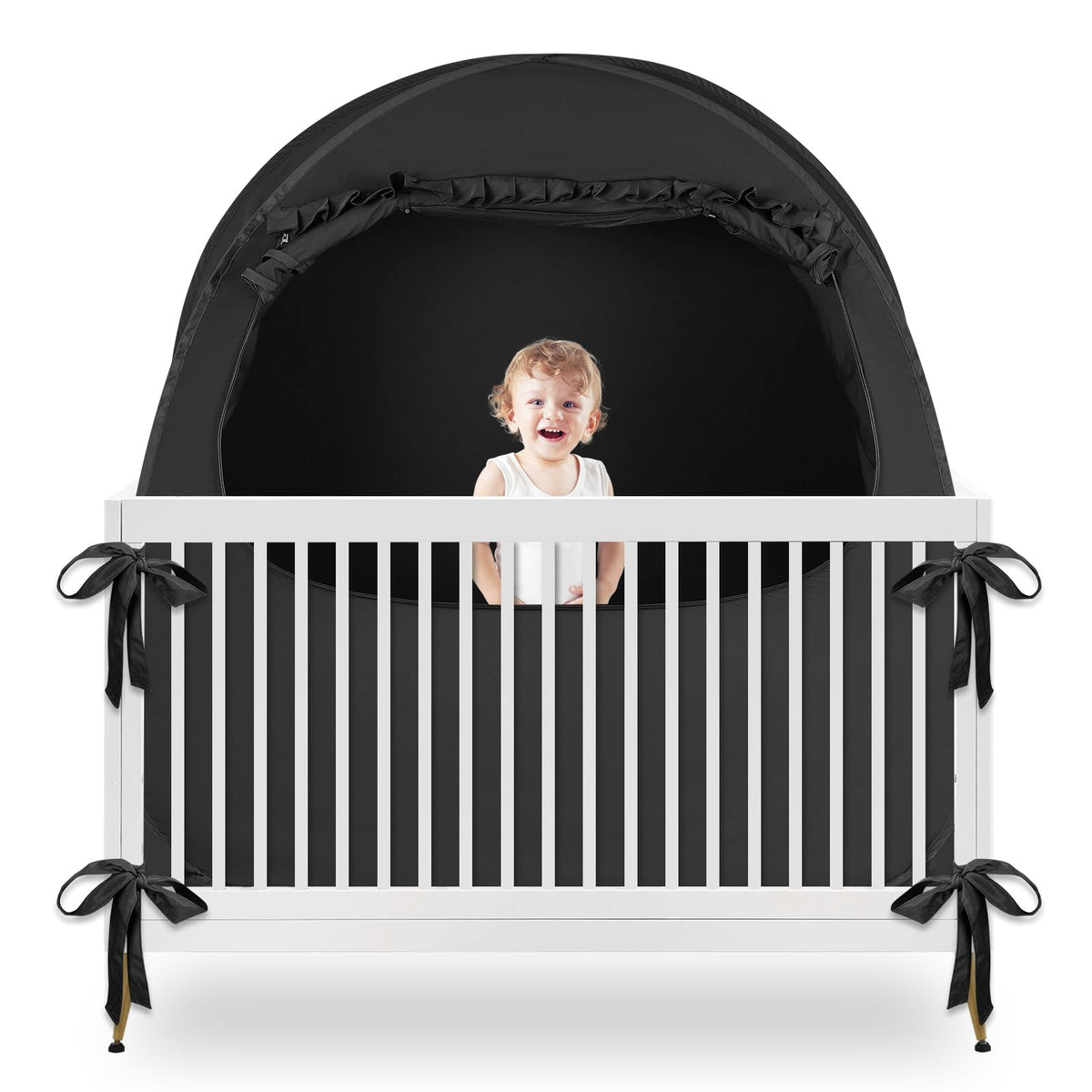 YAVIL blackout crib tent assembled for peaceful daytime naps and pet-free crib space.