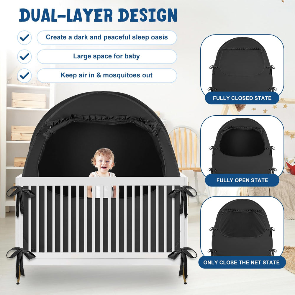YAVIL breathable mosquito-netting detail helps safe, airy sleep environment.