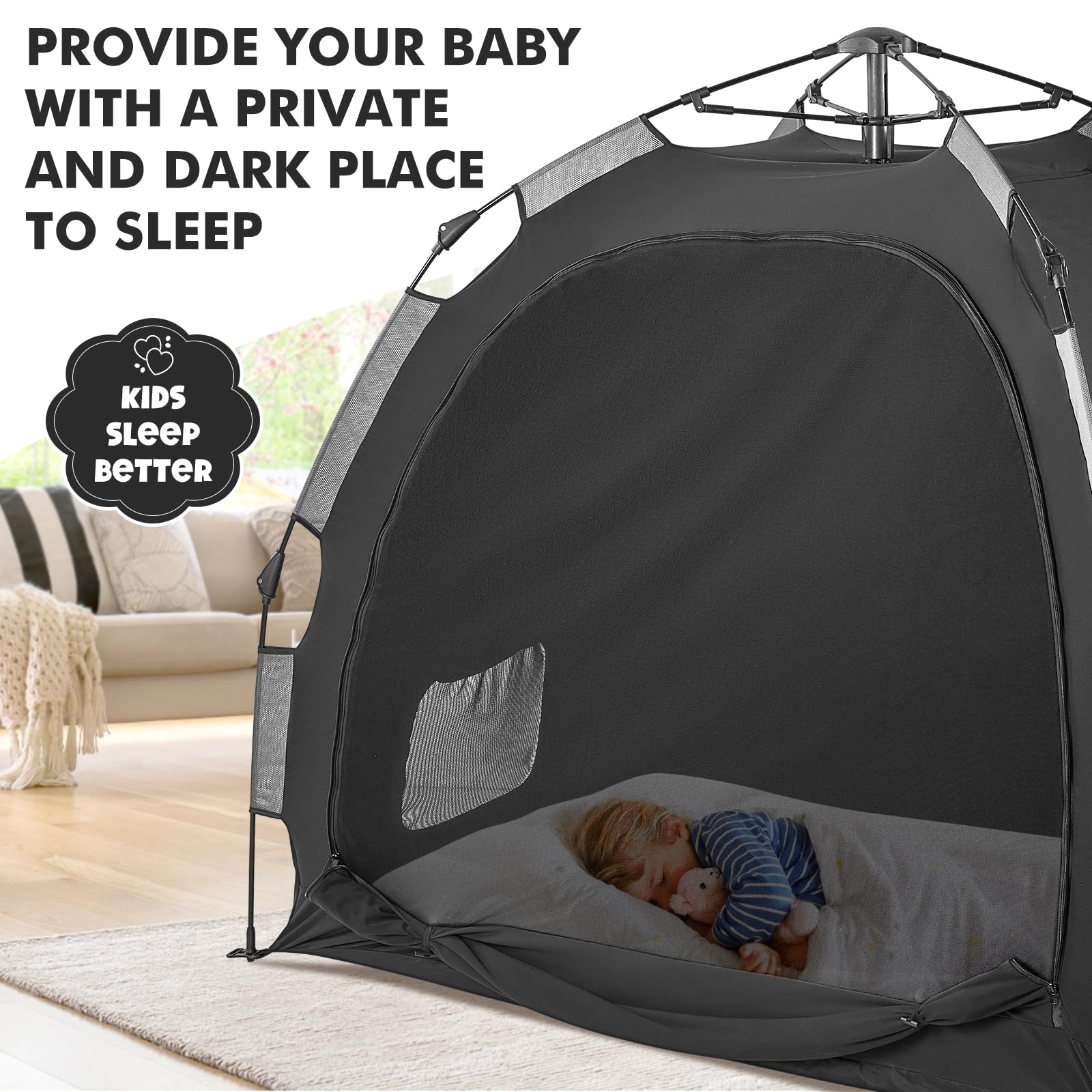 YAVIL one-click folding sleep pod demonstrates quick, simple setup for on-the-go families.