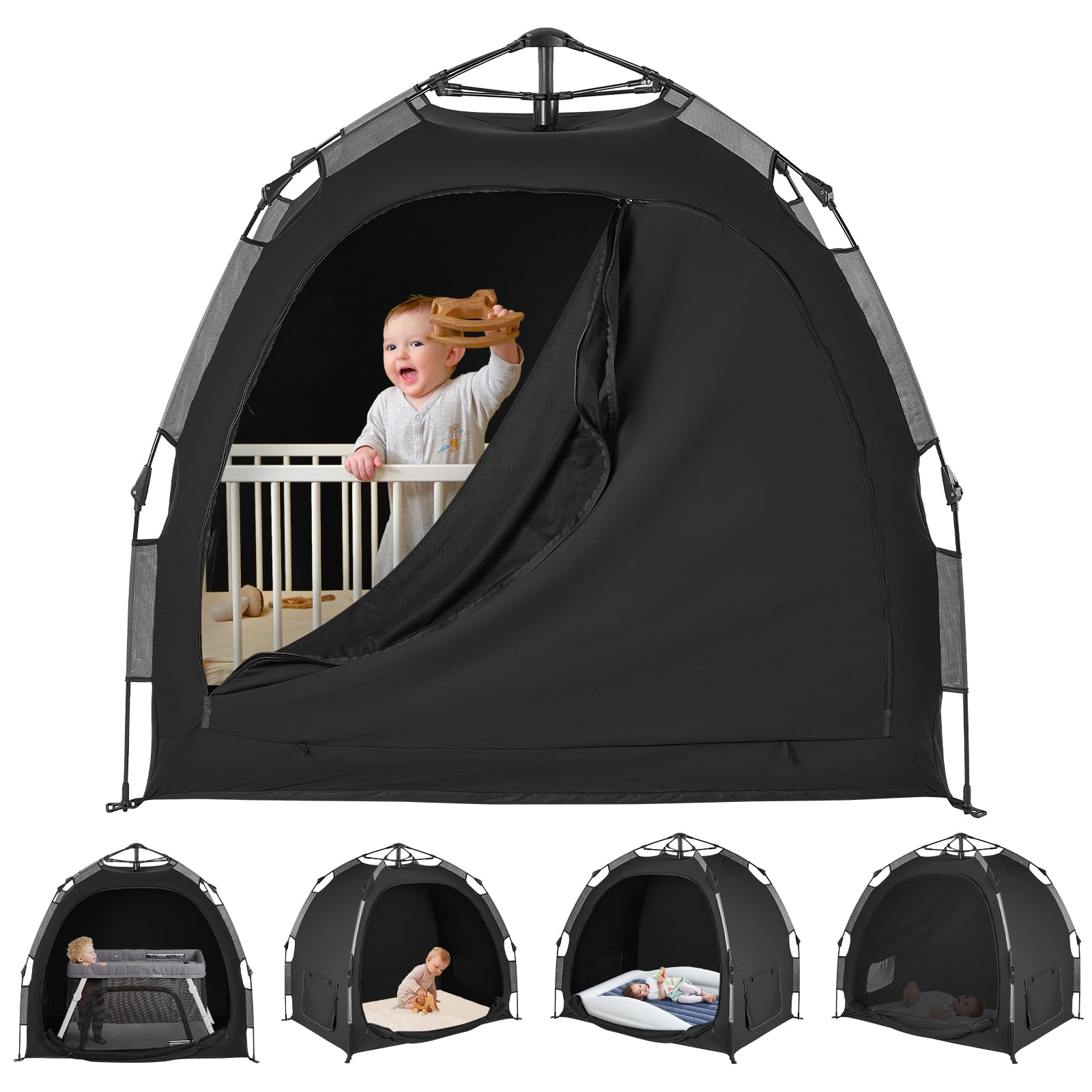 YAVIL Pack N Play blackout cover on the floor creates a dark, private sleep space for baby.