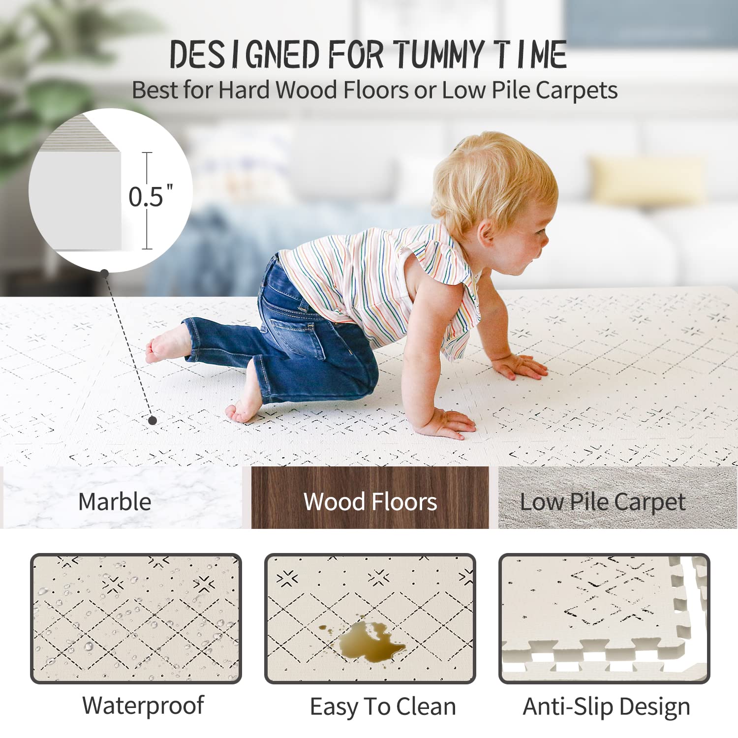 Yay! Mats waterproof, non-slip backing keeps baby play area secure on any floor
