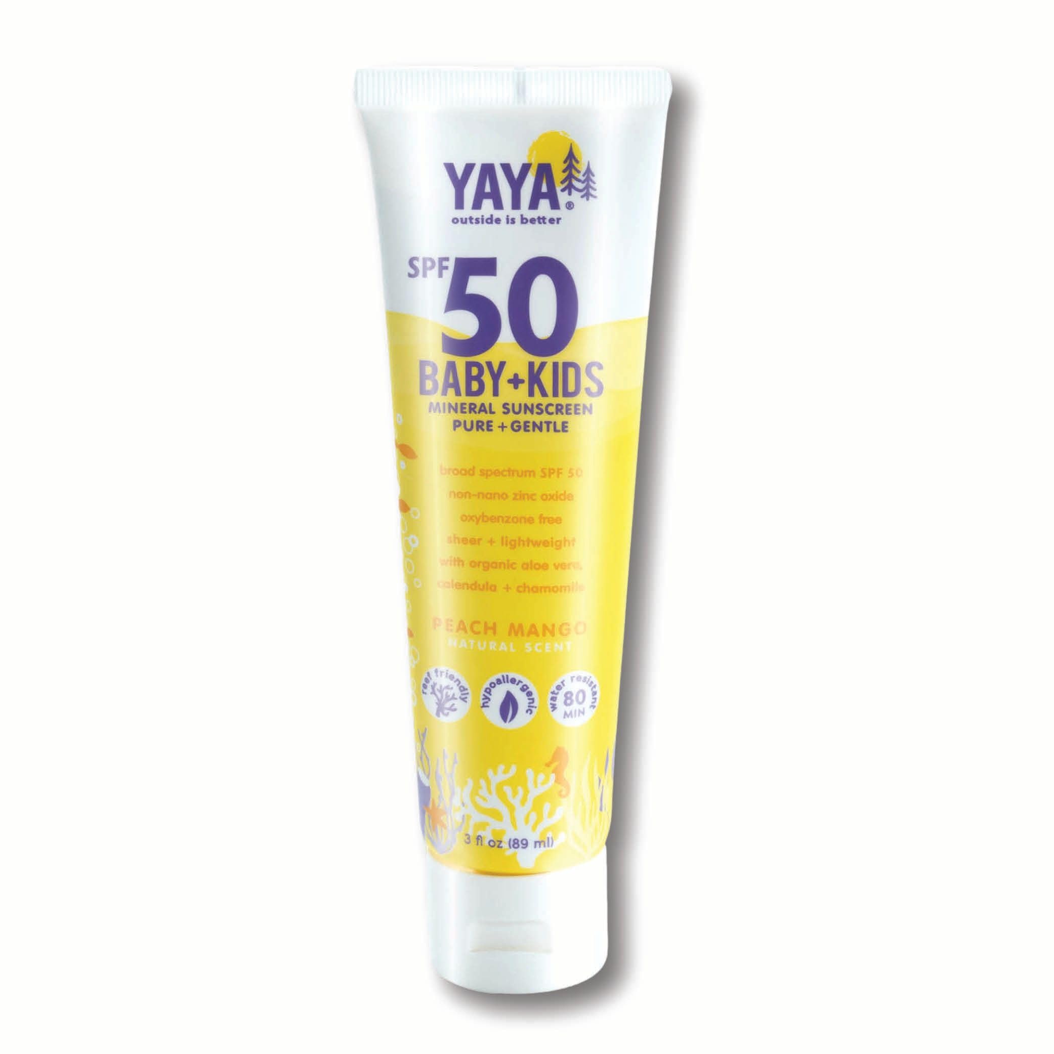 YAYA ORGANICS baby + kids sunscreen lotion bottle in sunny setting, gentle SPF 50 protection.