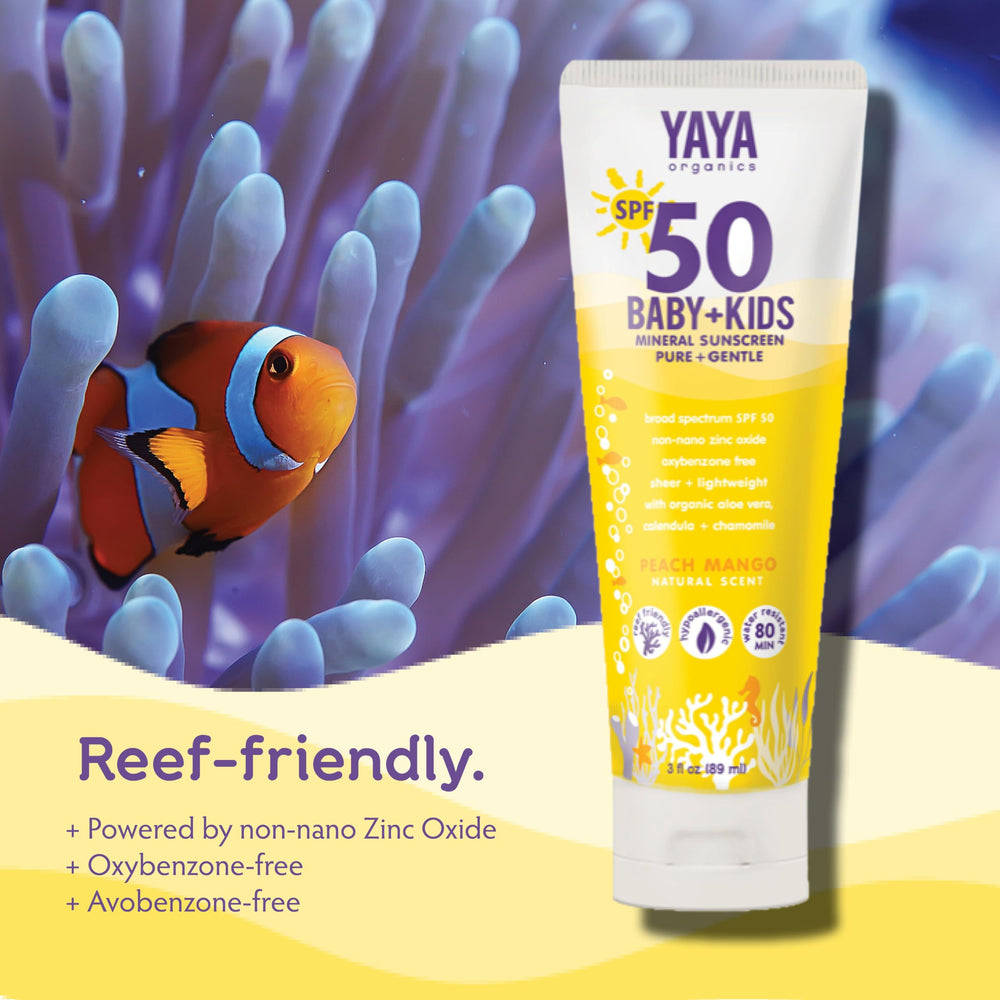 Natural ingredients in YAYA ORGANICS sunscreen: aloe, mango butter, coconut oil.