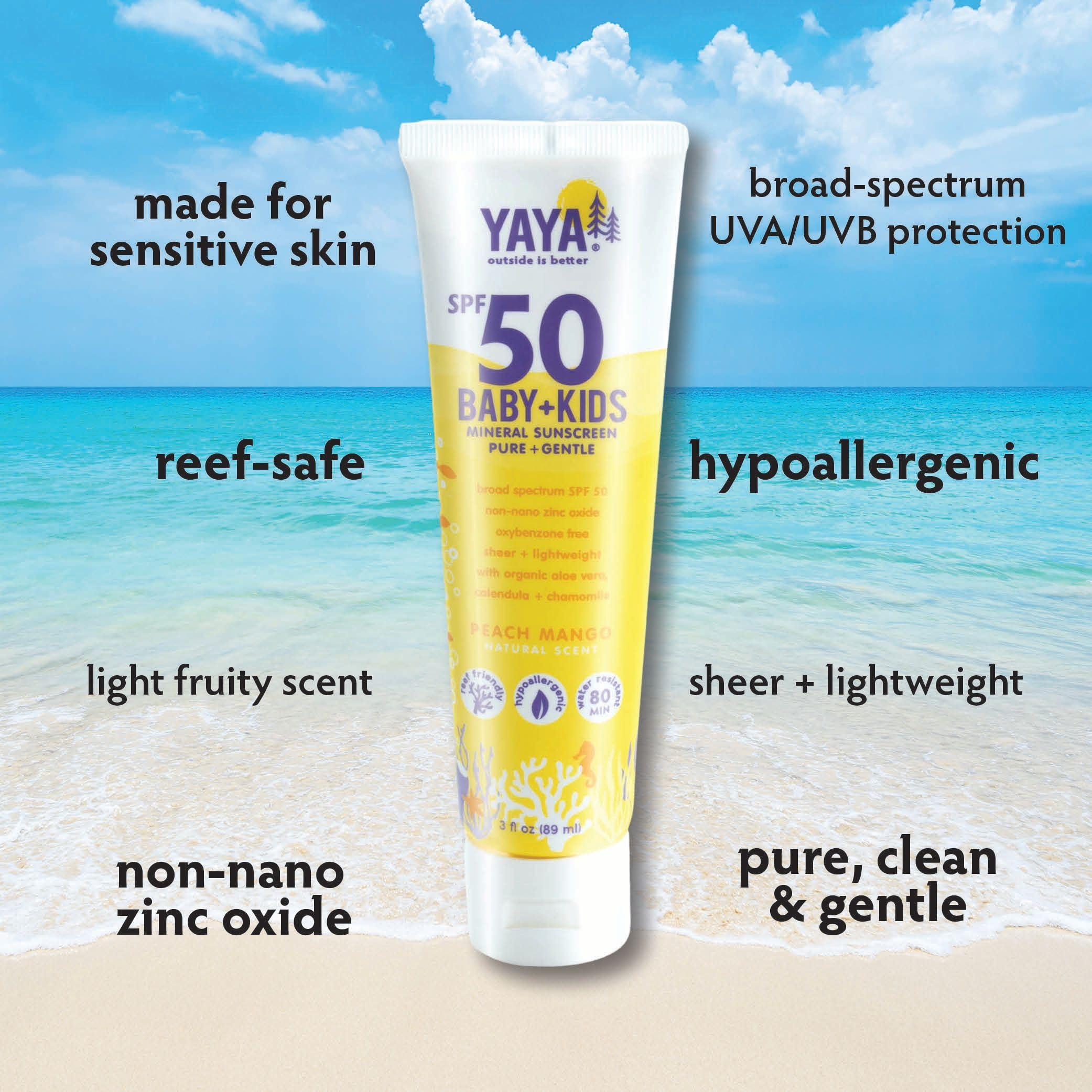 Close-up of YAYA ORGANICS sunscreen texture showing sheer, easy blend for delicate skin.