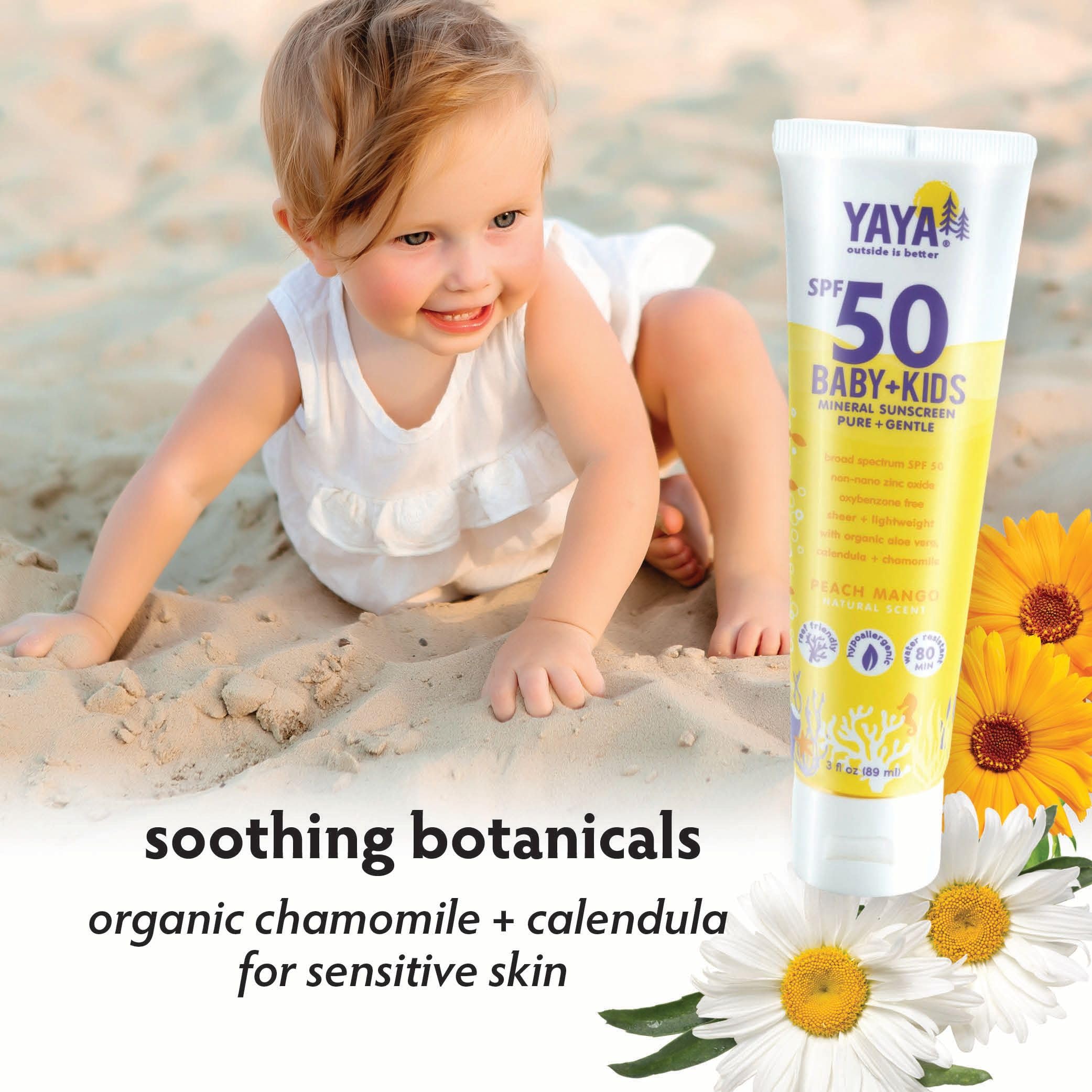 Water-resistance badge for YAYA ORGANICS sunscreen indicating up to 80 minutes of protection.