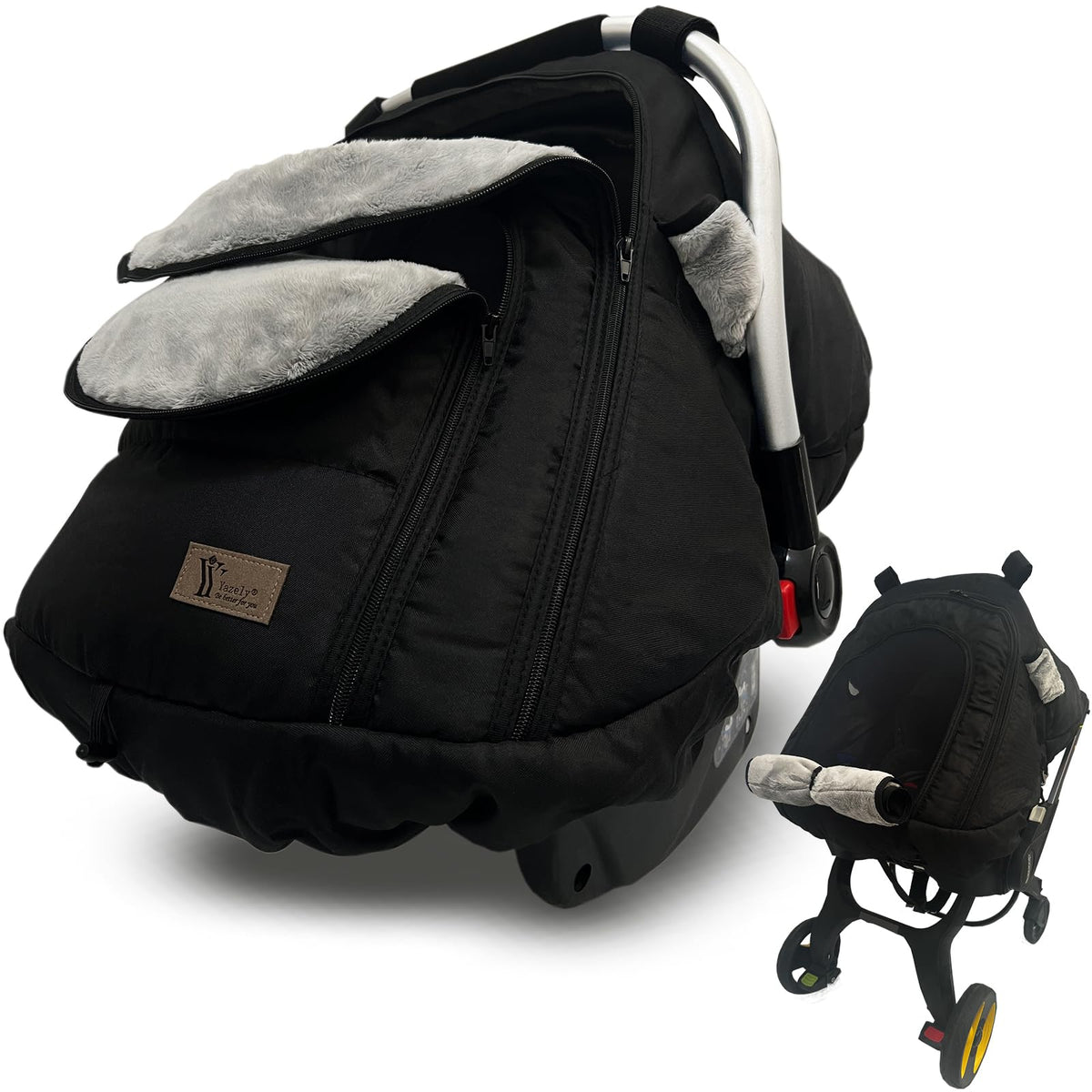 Yazely baby car seat cover winter front view showing full coverage and warmth.