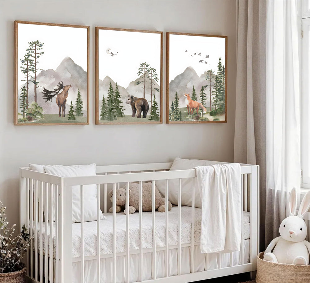 YBARTZQ watercolor forest triptych showcases misty mountain scenery