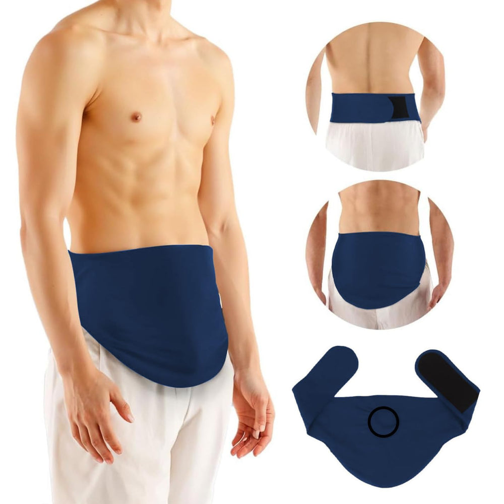 YConnect ostomy belt in navy blue worn for daily discreet support.