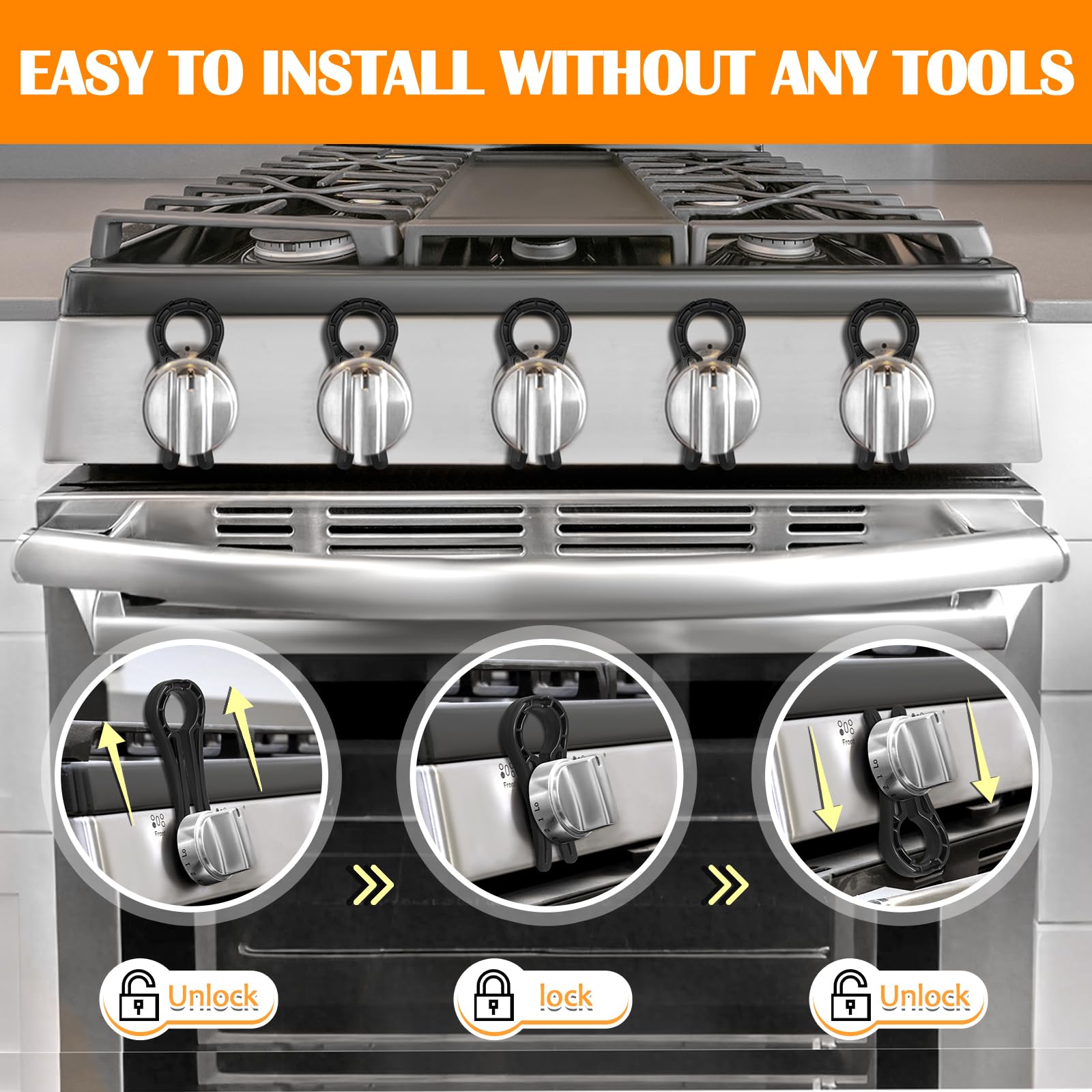 YTDSUP gas stove knob locks installed on stove; easy for adults to use while keeping kids safe.