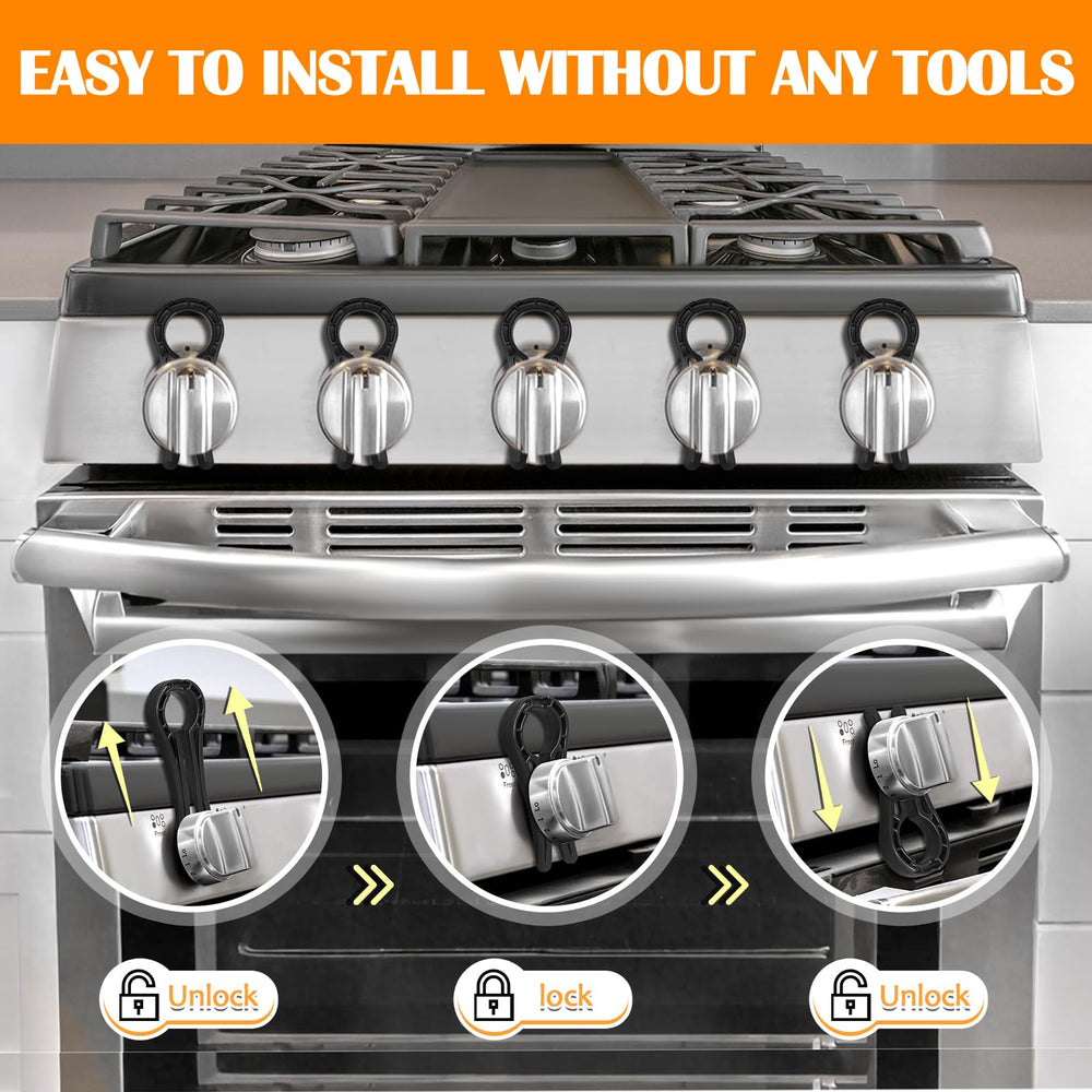YTDSUP gas stove knob locks installed on stove; easy for adults to use while keeping kids safe.