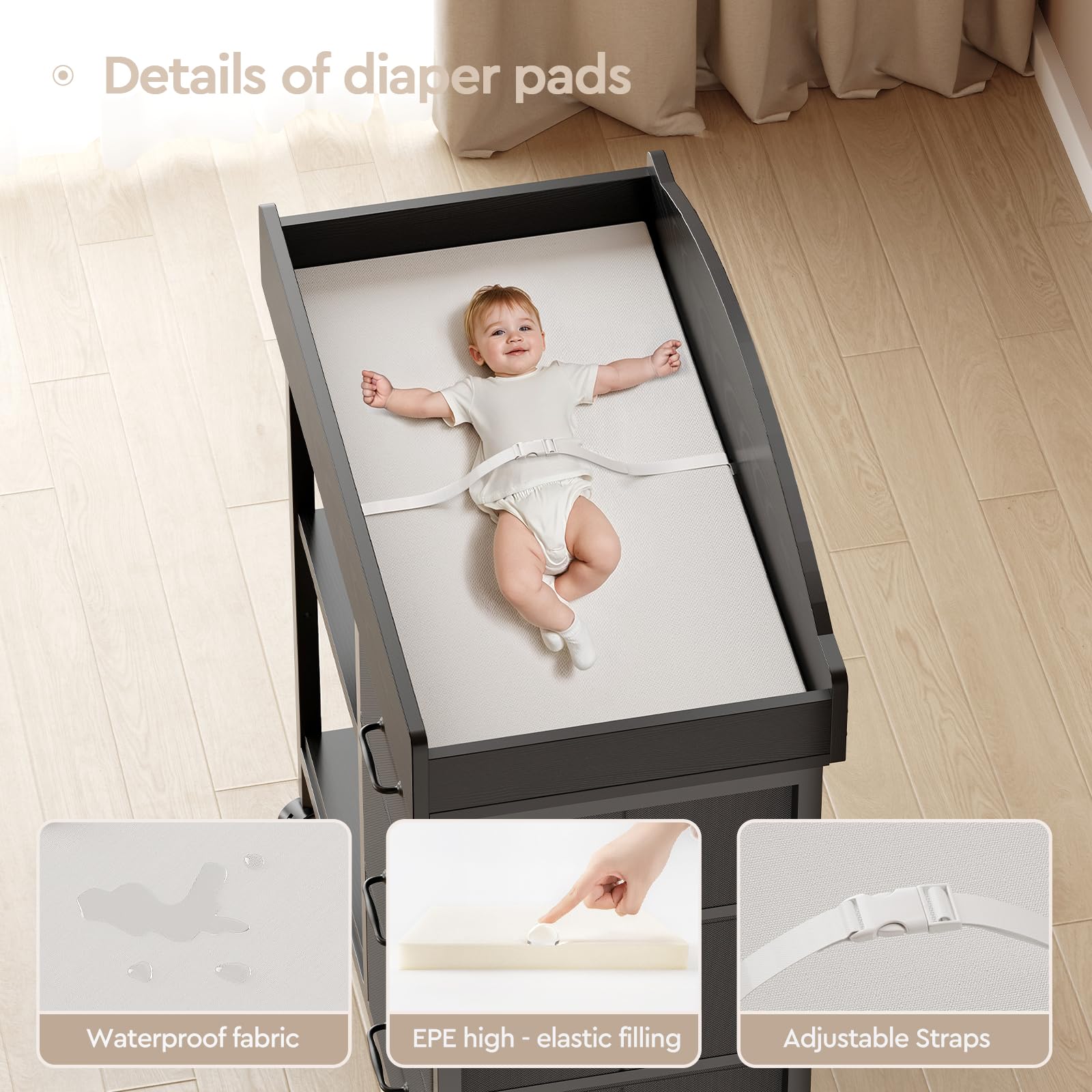 Changing pad area ready for baby care on YeTom black dresser