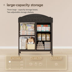 Close up of removable fabric drawers on YeTom black changer dresser