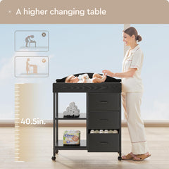 YeTom black changing table dresser with drawer open showing fabric storage