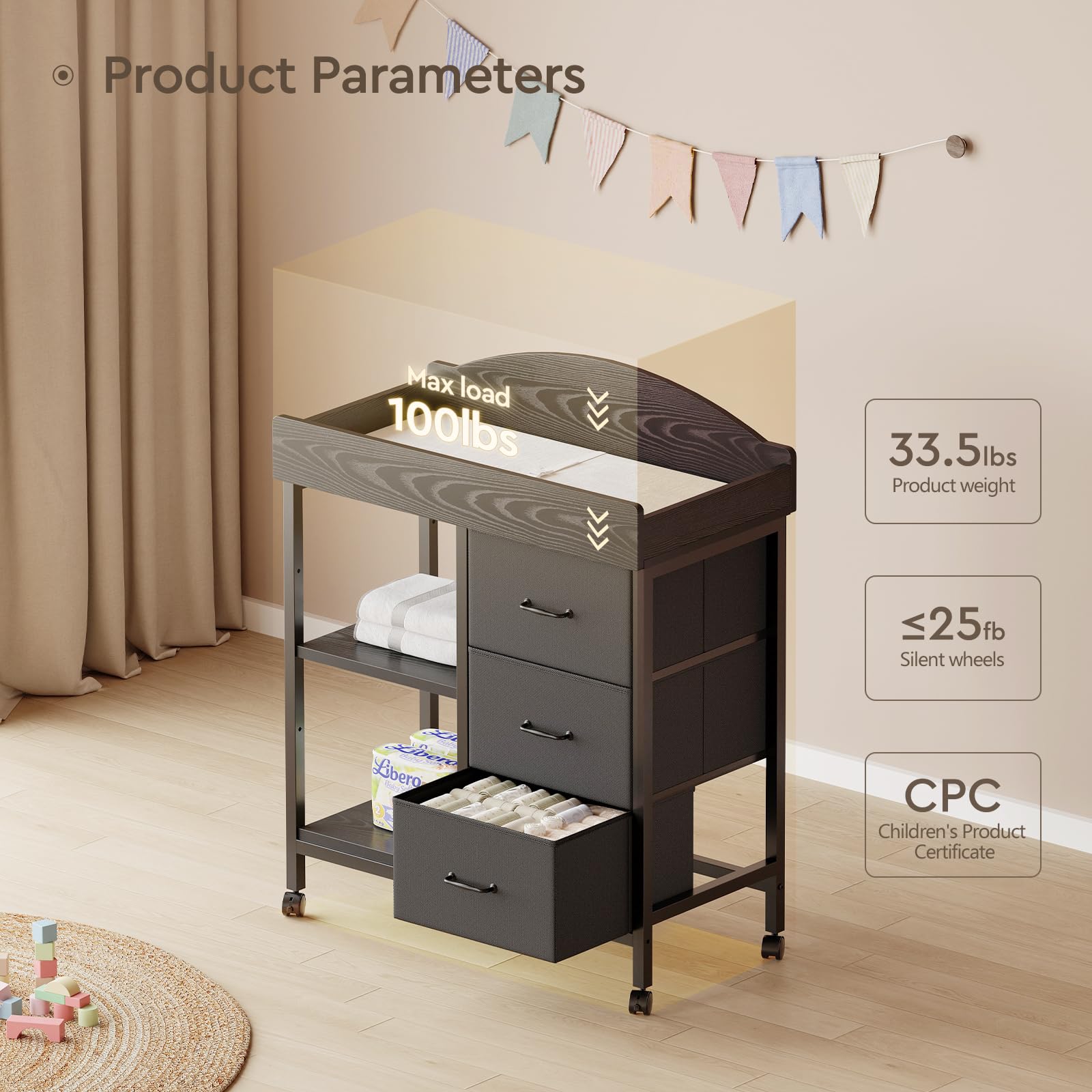 Safety rails and lanyard on YeTom black changing table dresser